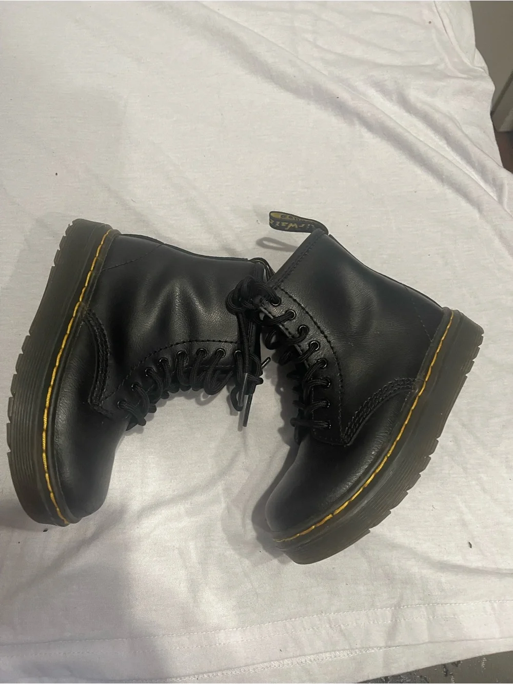 Dr. Martens Black Kids Lace-Up Combat Boots with Yellow Stitching